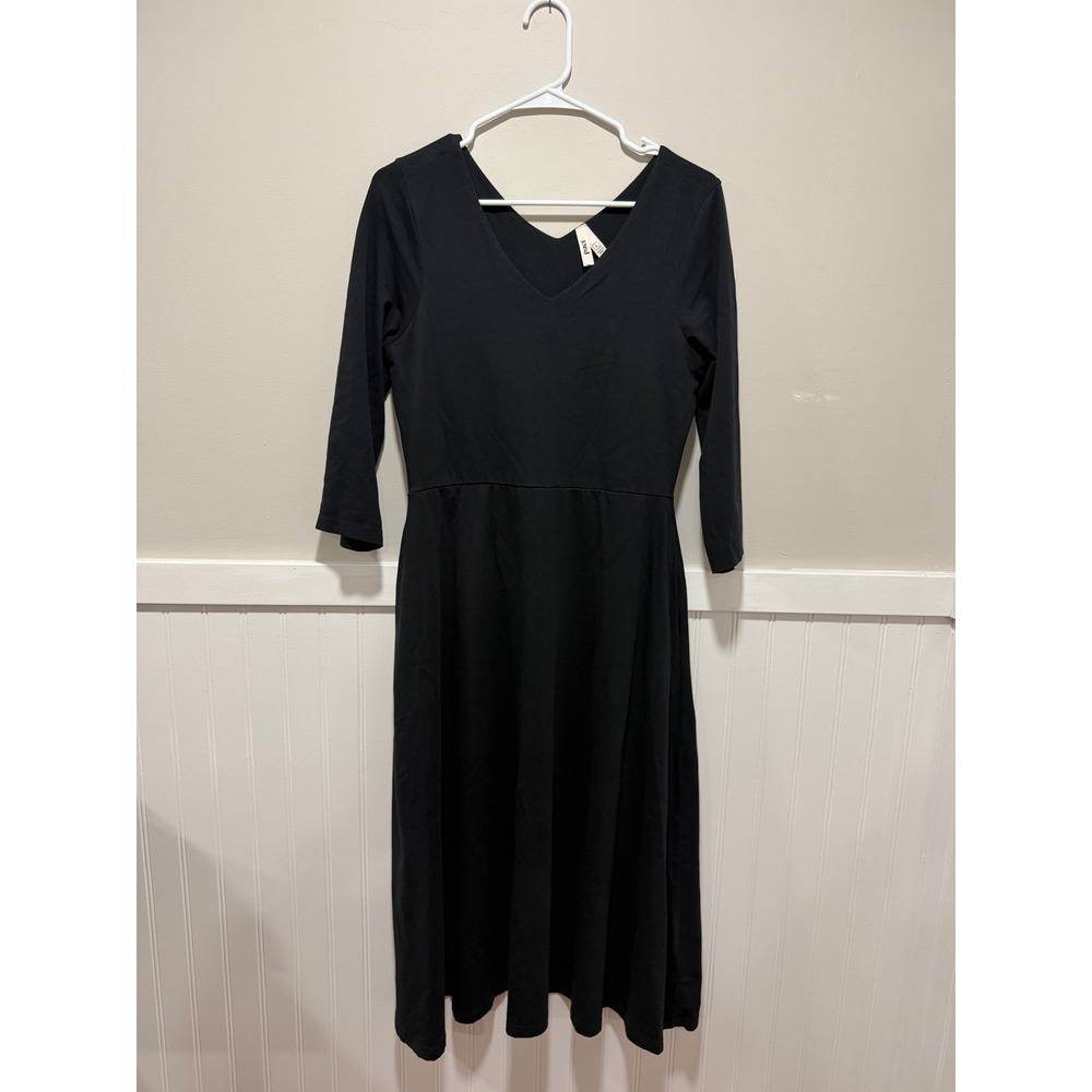 Pact 3/4 Sleeve V-Neck Fit and Flare Dress Black Organic Cotton Women Sz Large